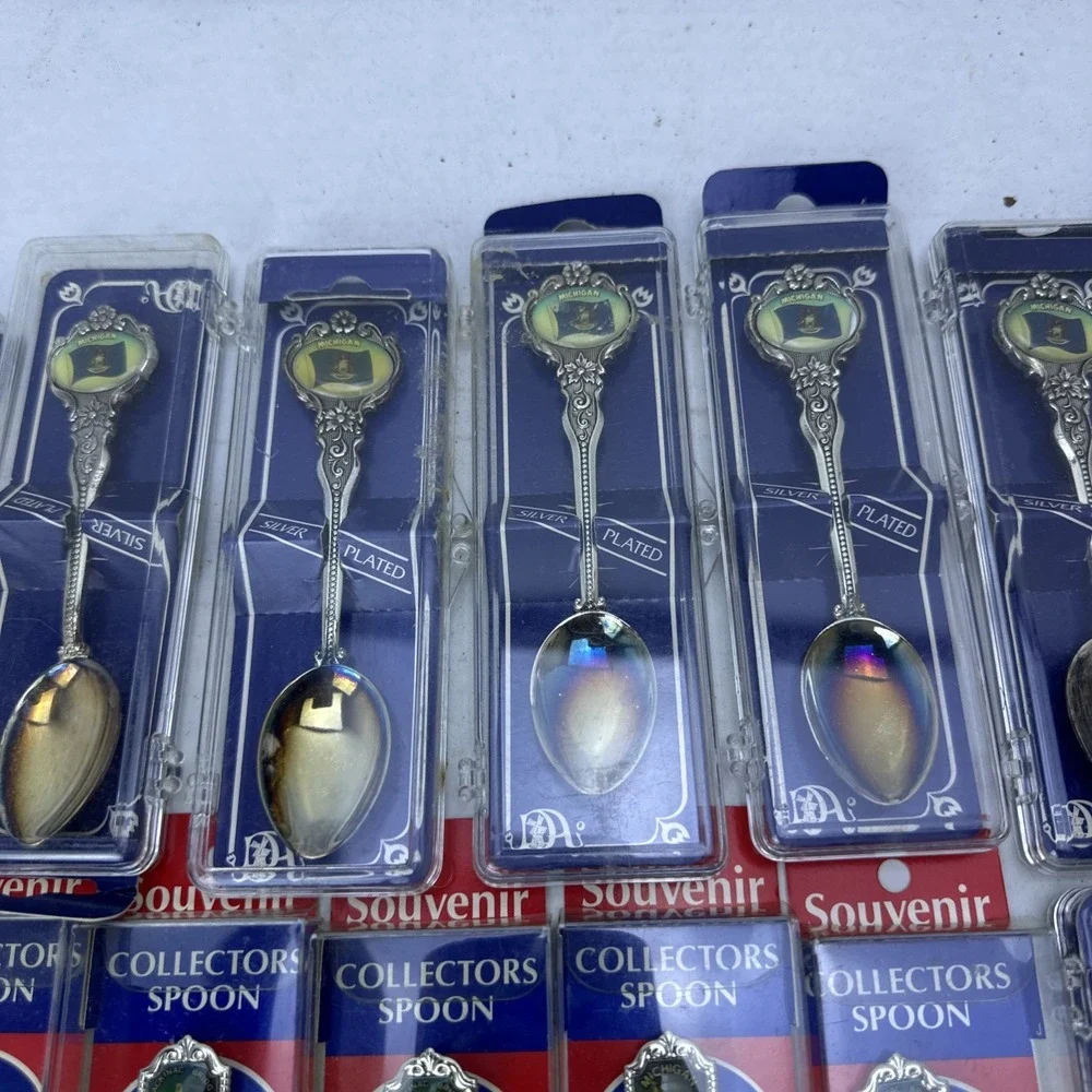 Lot of 37 Souvenir Spoons & Thimbles Michigan Silver Plated Collectors MicroView